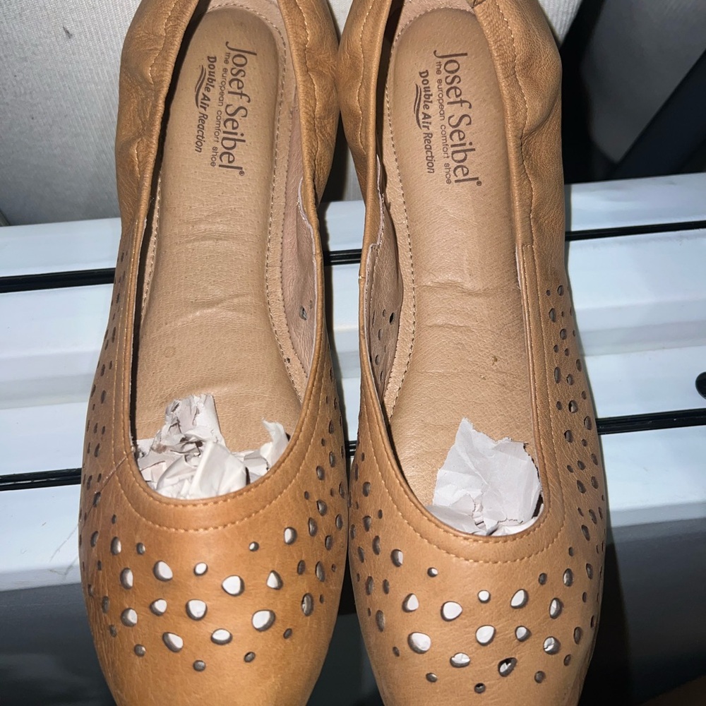 Josef Seibel Tan Leather Flats with Perforated Design